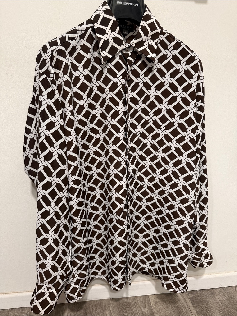 Vintage 90s Brown & White Italian Geometric-Link Button-Down Shirt S